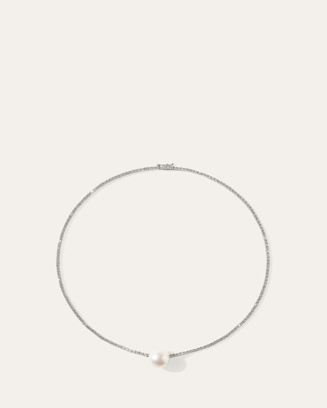 18K White Gold Diamond Tennis Necklace with 13mm South Sea Pearl